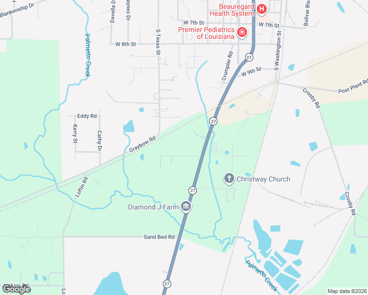 map of restaurants, bars, coffee shops, grocery stores, and more near 101-111 Brookside Road in DeRidder