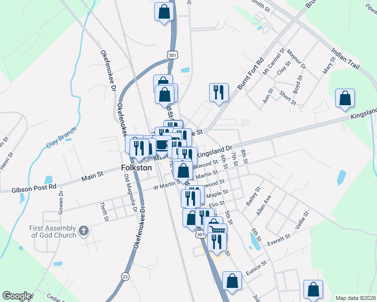 map of restaurants, bars, coffee shops, grocery stores, and more near 3rd St in Folkston