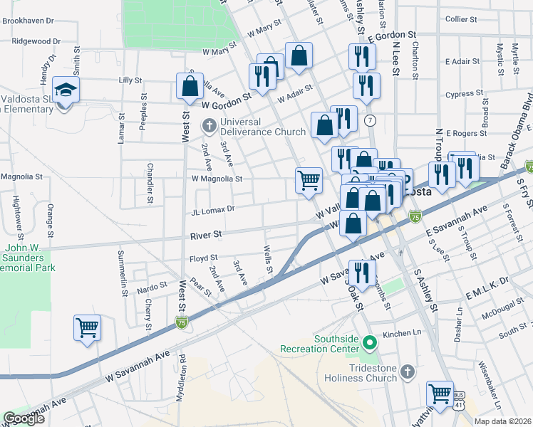 map of restaurants, bars, coffee shops, grocery stores, and more near 418 River Street in Valdosta