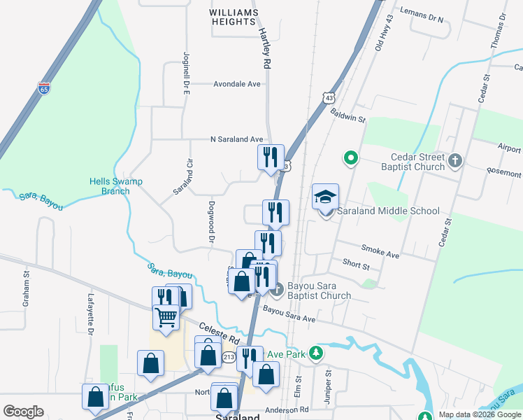 map of restaurants, bars, coffee shops, grocery stores, and more near 106-402 Bayou Oaks Drive South in Saraland