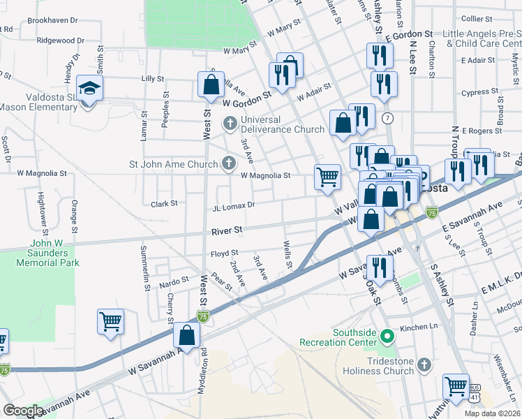map of restaurants, bars, coffee shops, grocery stores, and more near 514 River Street in Valdosta
