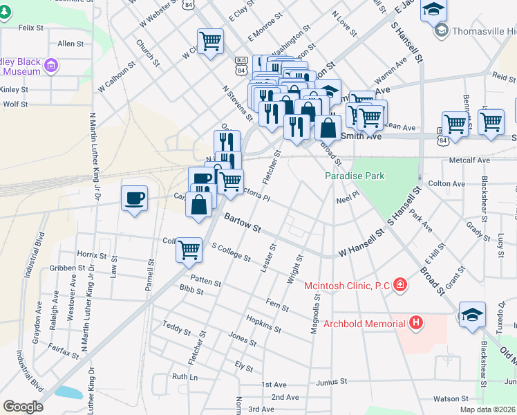 map of restaurants, bars, coffee shops, grocery stores, and more near 415 Fletcher Street in Thomasville