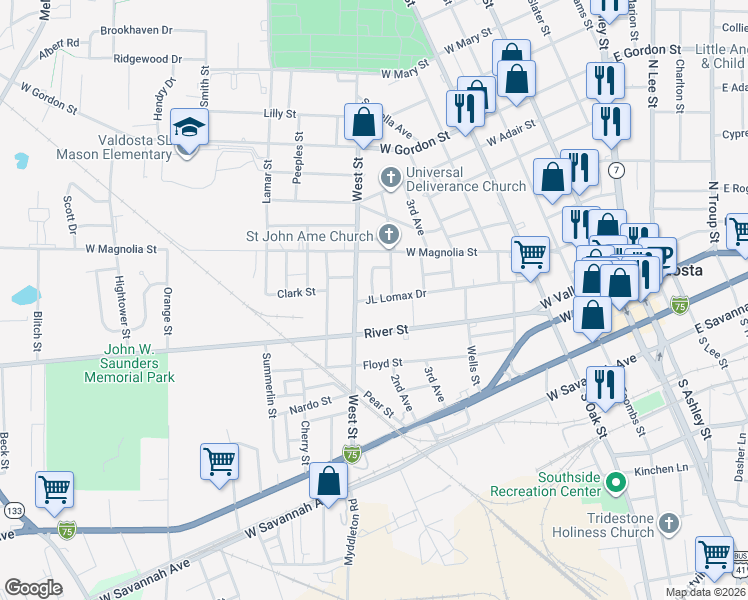 map of restaurants, bars, coffee shops, grocery stores, and more near 509 West Street in Valdosta
