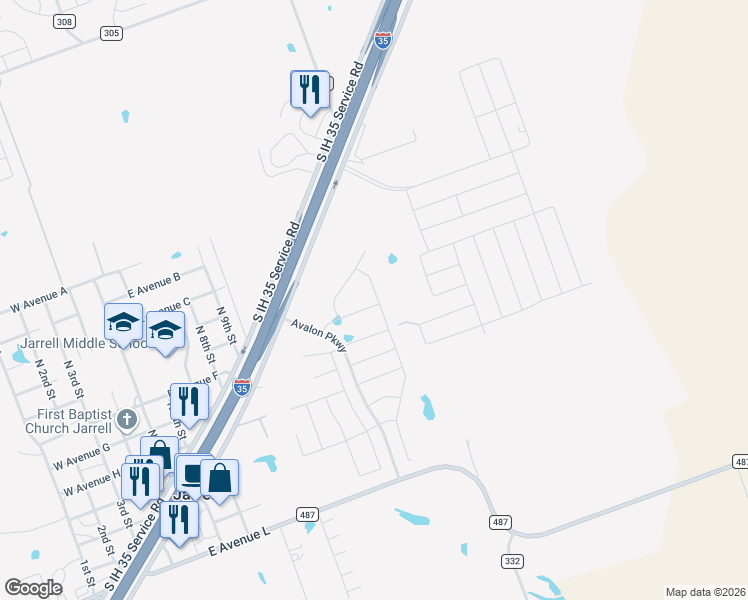 map of restaurants, bars, coffee shops, grocery stores, and more near 13550 Interstate 35 Frontage Road in Jarrell