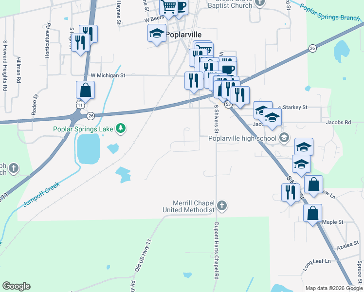 map of restaurants, bars, coffee shops, grocery stores, and more near 499 West Rouse Street in Poplarville