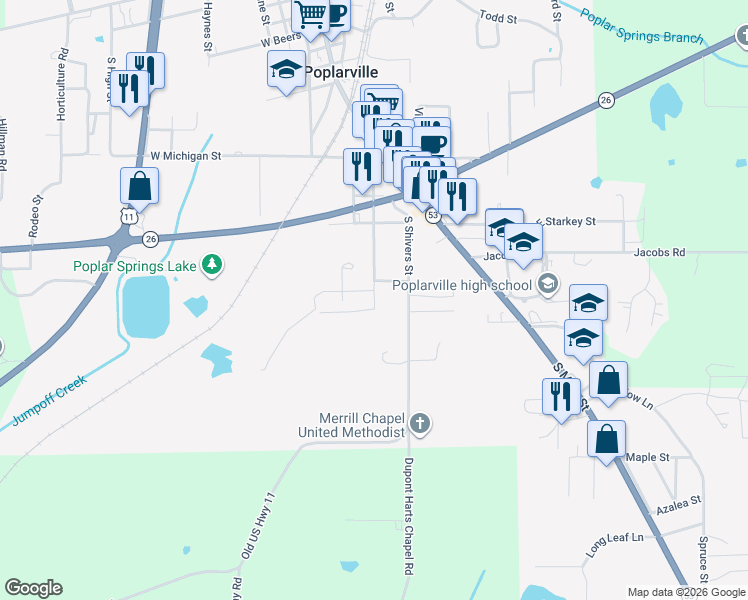 map of restaurants, bars, coffee shops, grocery stores, and more near 403 West Rouse Street in Poplarville