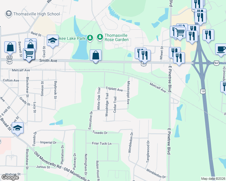 map of restaurants, bars, coffee shops, grocery stores, and more near 1706 Metcalf Avenue in Thomasville