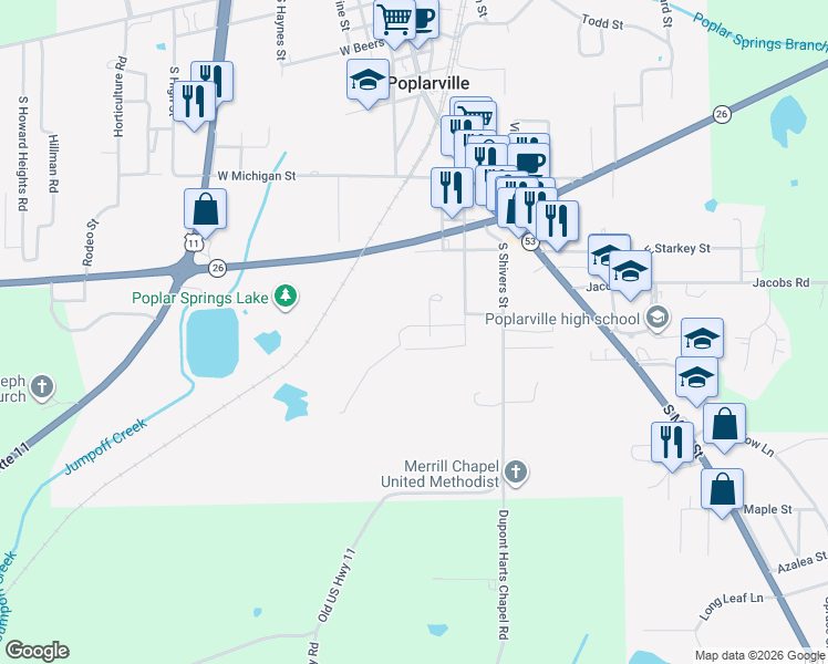 map of restaurants, bars, coffee shops, grocery stores, and more near 403 West Rouse Street in Poplarville