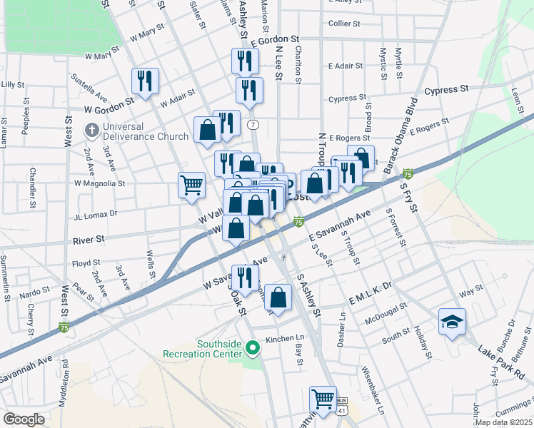 map of restaurants, bars, coffee shops, grocery stores, and more near 101 East Central Avenue in Valdosta