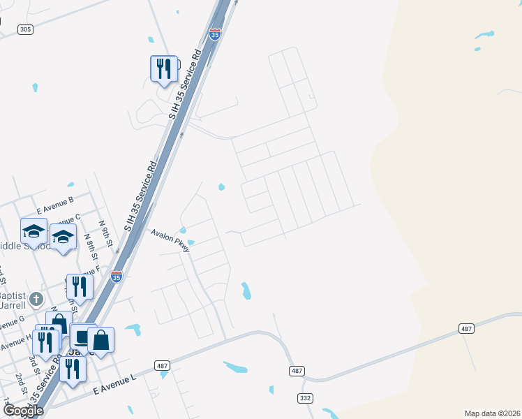 map of restaurants, bars, coffee shops, grocery stores, and more near 13700 Interstate 35 Frontage Road in Jarrell