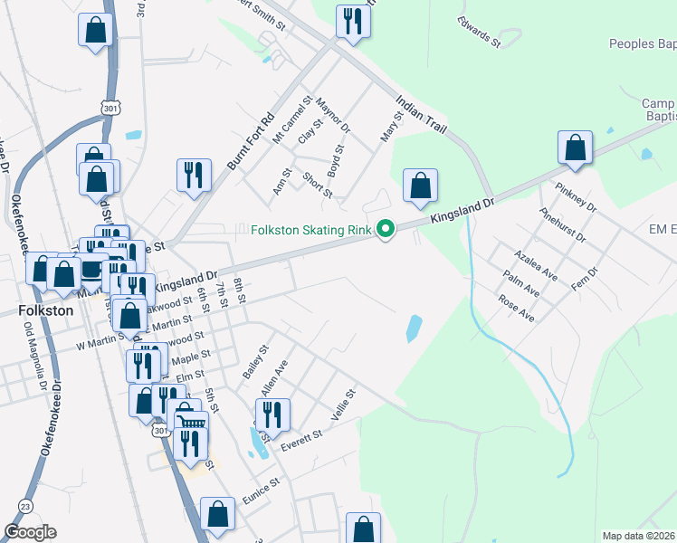 map of restaurants, bars, coffee shops, grocery stores, and more near 1311 East Martin Street in Folkston