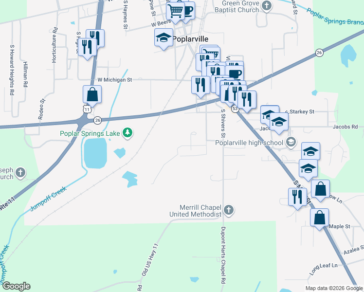 map of restaurants, bars, coffee shops, grocery stores, and more near 499 West Rouse Street in Poplarville
