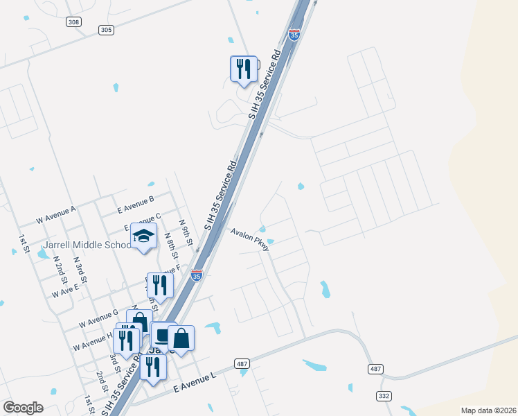 map of restaurants, bars, coffee shops, grocery stores, and more near 13550 Interstate 35 in Jarrell