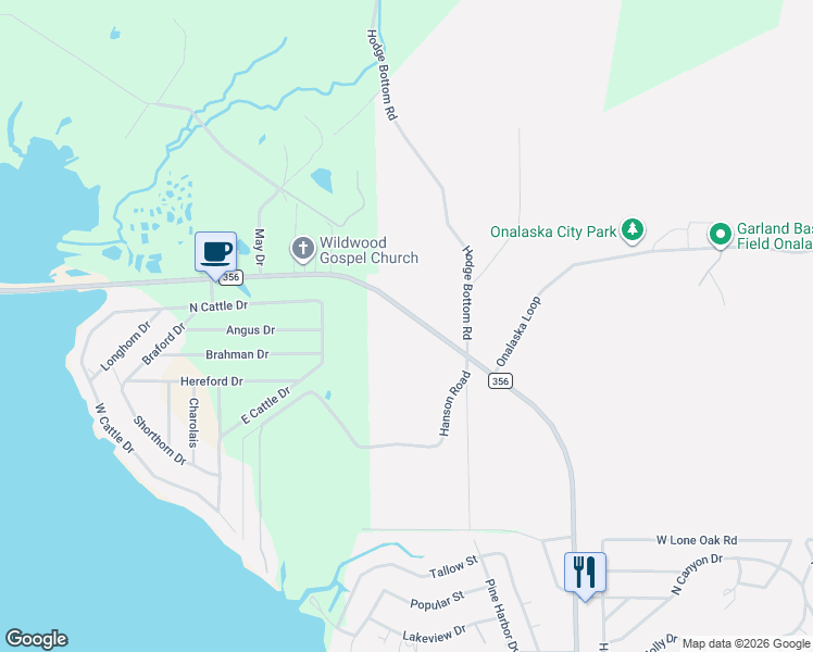 map of restaurants, bars, coffee shops, grocery stores, and more near 2001 Farm to Market Road 356 in Onalaska