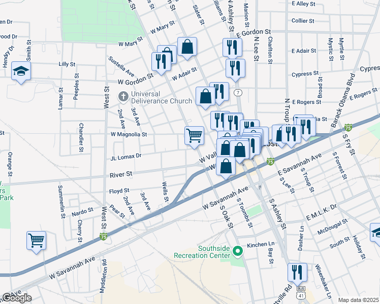map of restaurants, bars, coffee shops, grocery stores, and more near 311 Jl Lomax Drive in Valdosta