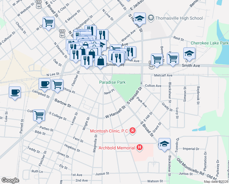 map of restaurants, bars, coffee shops, grocery stores, and more near 502 South Broad Street in Thomasville