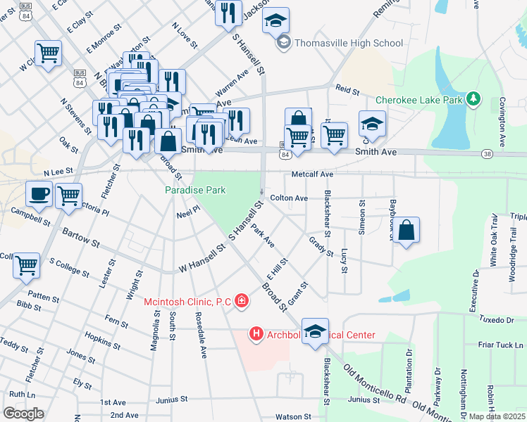 map of restaurants, bars, coffee shops, grocery stores, and more near 711 South Hansell Street in Thomasville