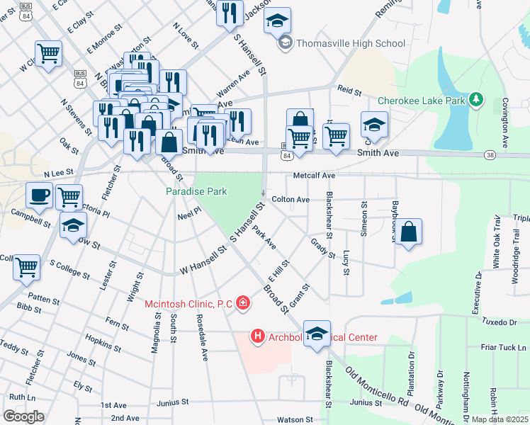 map of restaurants, bars, coffee shops, grocery stores, and more near 711 South Hansell Street in Thomasville