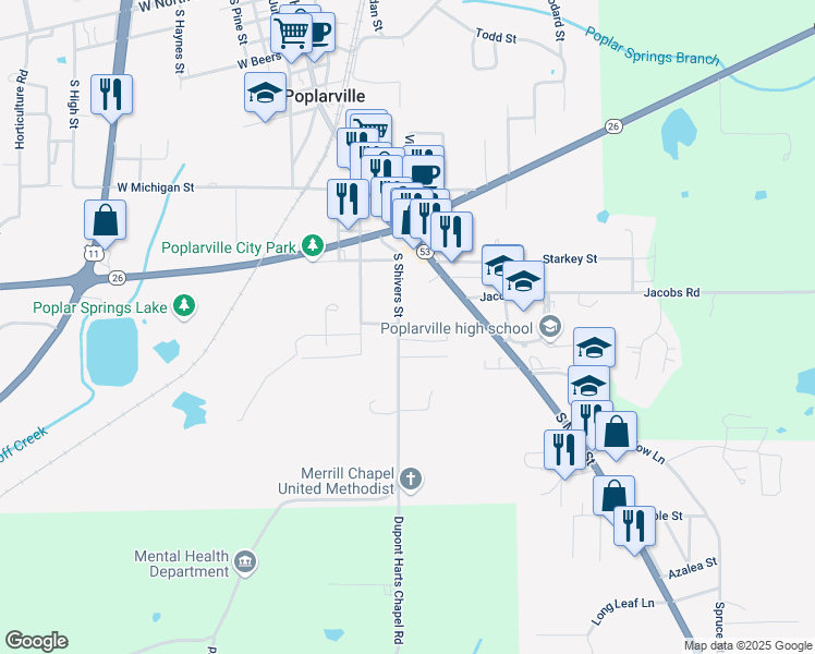 map of restaurants, bars, coffee shops, grocery stores, and more near 1301 South Shivers Street in Poplarville