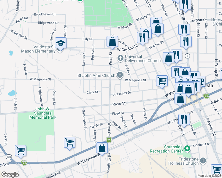 map of restaurants, bars, coffee shops, grocery stores, and more near 509 West Street in Valdosta