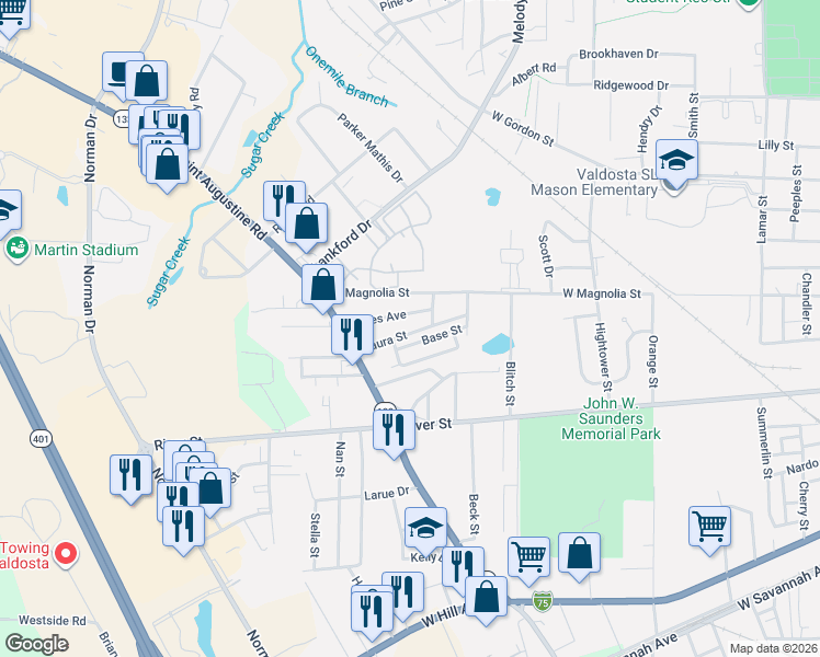 map of restaurants, bars, coffee shops, grocery stores, and more near 1426 Laura Street in Valdosta
