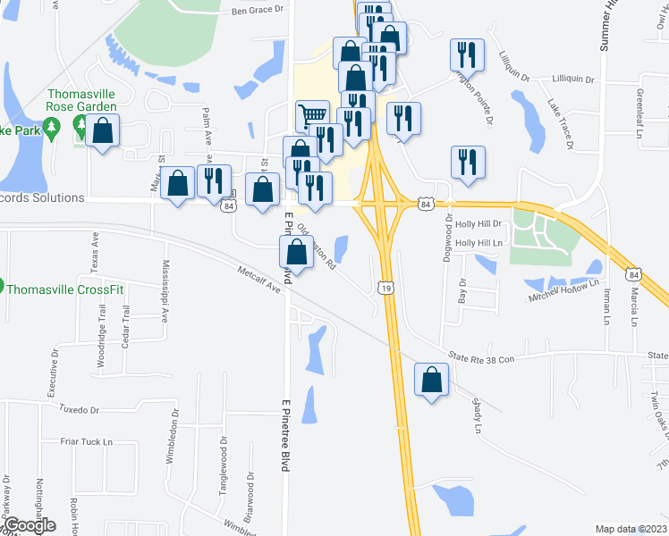 map of restaurants, bars, coffee shops, grocery stores, and more near 264 Old Boston Road in Thomasville