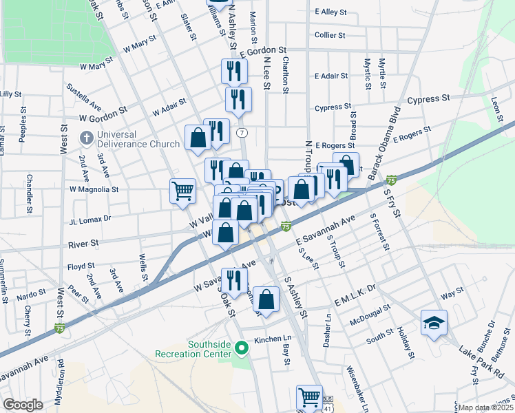 map of restaurants, bars, coffee shops, grocery stores, and more near 101 East Central Avenue in Valdosta