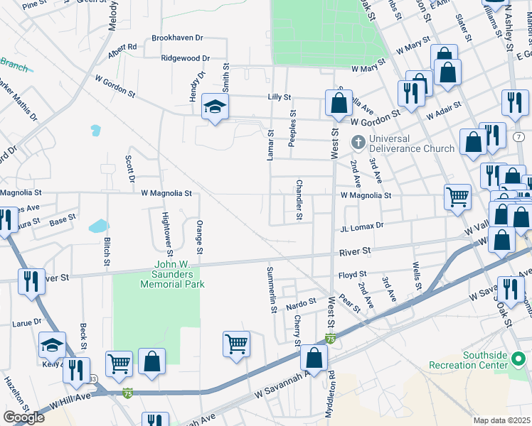 map of restaurants, bars, coffee shops, grocery stores, and more near 604 Lamar Street in Valdosta