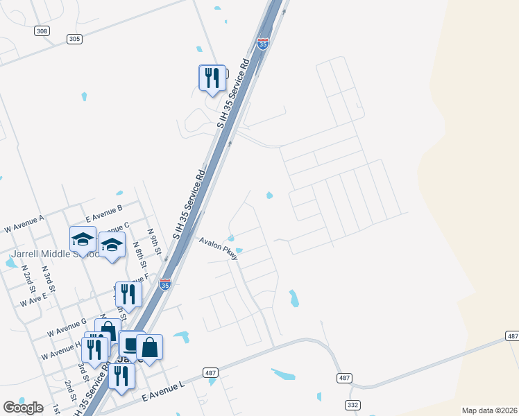 map of restaurants, bars, coffee shops, grocery stores, and more near 13550 Interstate 35 Frontage Road in Jarrell