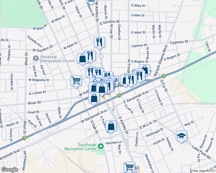 map of restaurants, bars, coffee shops, grocery stores, and more near 205 North Ashley Street in Valdosta