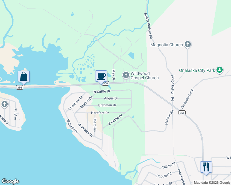 map of restaurants, bars, coffee shops, grocery stores, and more near 452 North Cattle Drive in Onalaska