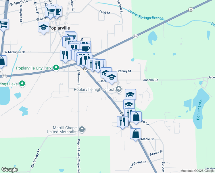 map of restaurants, bars, coffee shops, grocery stores, and more near Hornet Drive in Poplarville