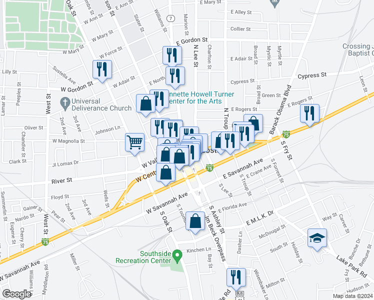 map of restaurants, bars, coffee shops, grocery stores, and more near 215 North Ashley Street in Valdosta