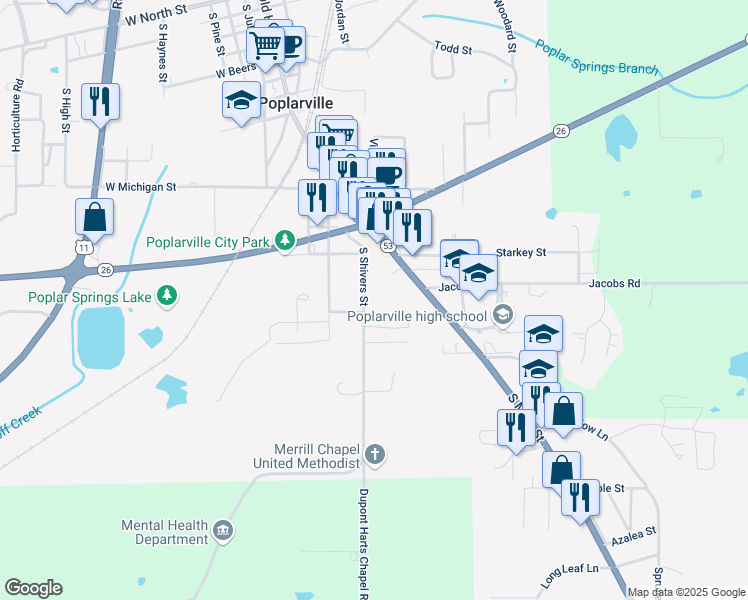 map of restaurants, bars, coffee shops, grocery stores, and more near 1301 South Shivers Street in Poplarville