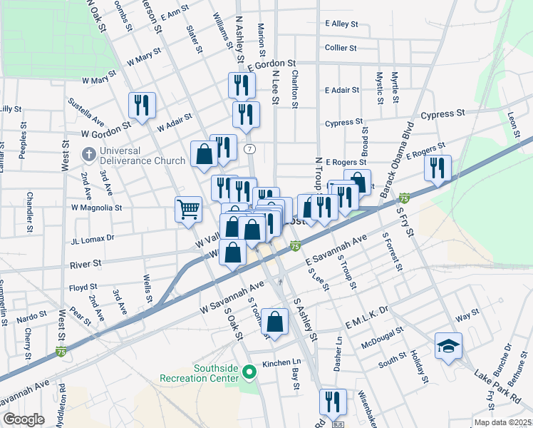 map of restaurants, bars, coffee shops, grocery stores, and more near East Valley Street in Valdosta