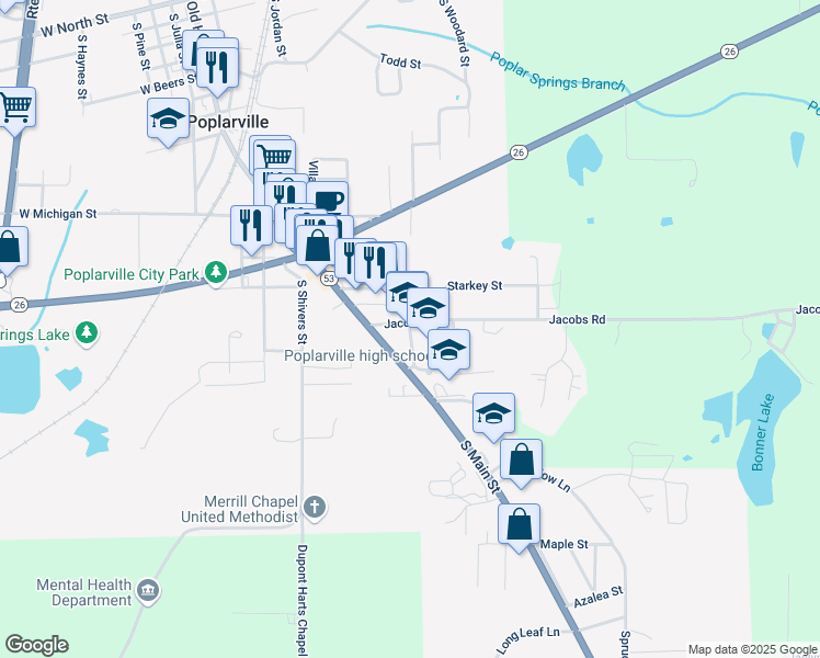 map of restaurants, bars, coffee shops, grocery stores, and more near Hornet Drive in Poplarville