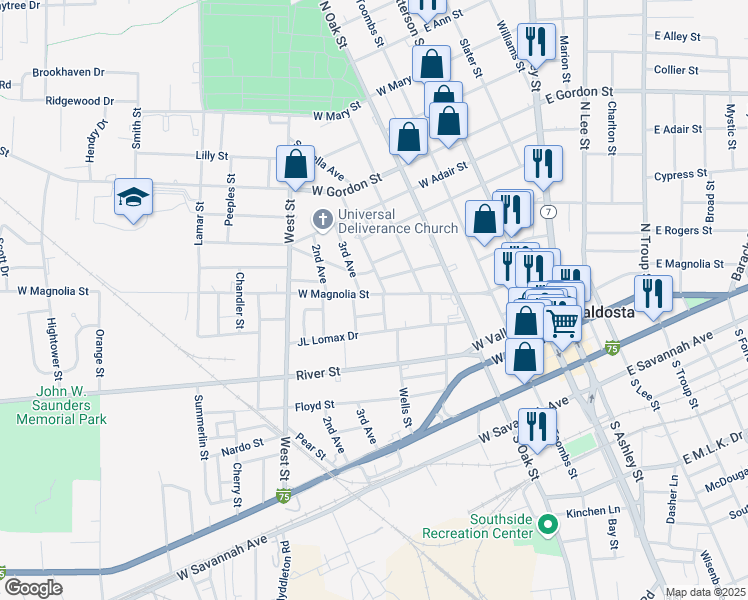 map of restaurants, bars, coffee shops, grocery stores, and more near 605 3rd Avenue in Valdosta