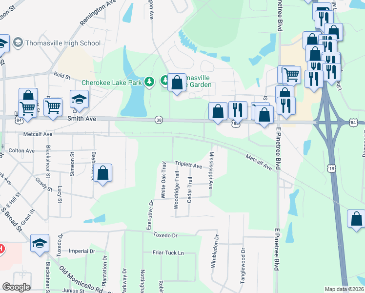 map of restaurants, bars, coffee shops, grocery stores, and more near 1706 Metcalf Avenue in Thomasville