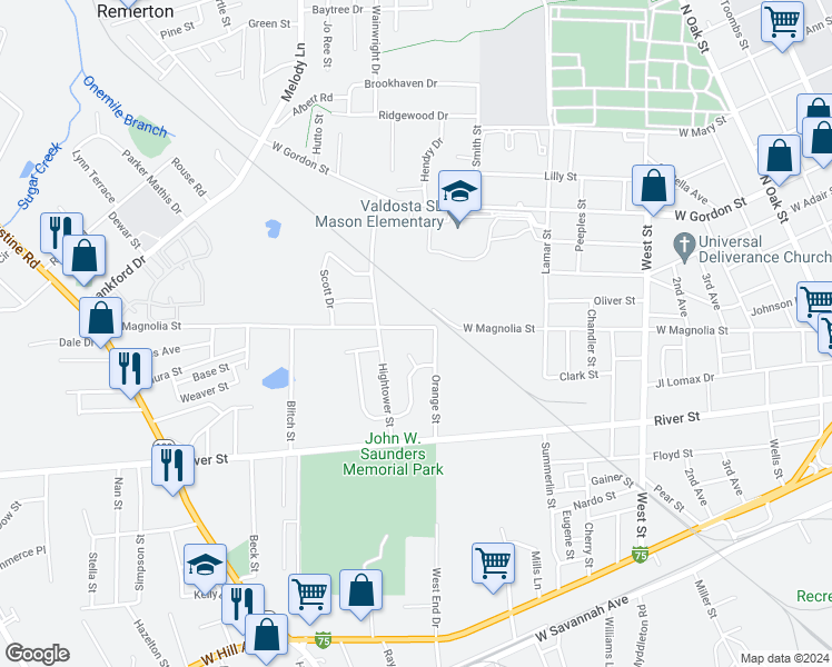 map of restaurants, bars, coffee shops, grocery stores, and more near 1105 West Magnolia Street in Valdosta