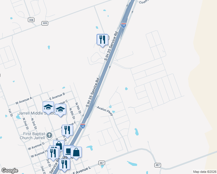map of restaurants, bars, coffee shops, grocery stores, and more near 13550 South IH 35 Service Road in Jarrell