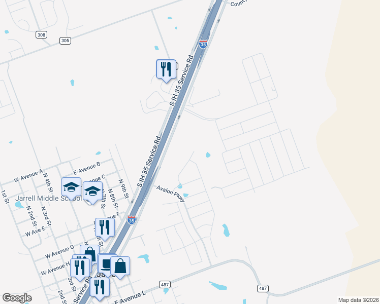 map of restaurants, bars, coffee shops, grocery stores, and more near 13600 South Interstate Highway 35 in Jarrell