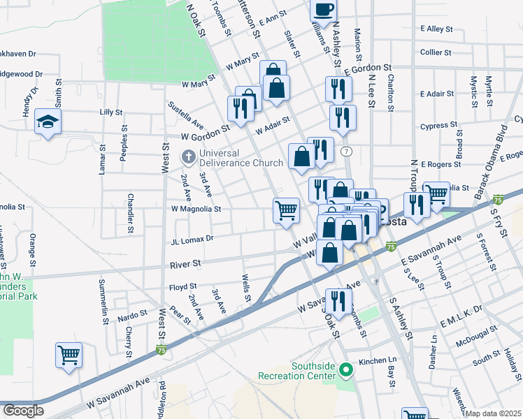 map of restaurants, bars, coffee shops, grocery stores, and more near 502 North Oak Street in Valdosta