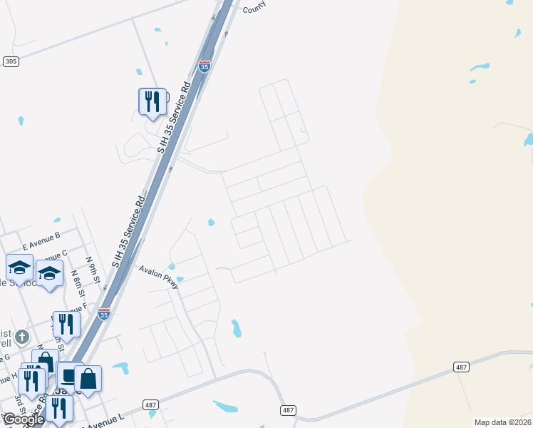map of restaurants, bars, coffee shops, grocery stores, and more near South IH 35 Service Road in Jarrell