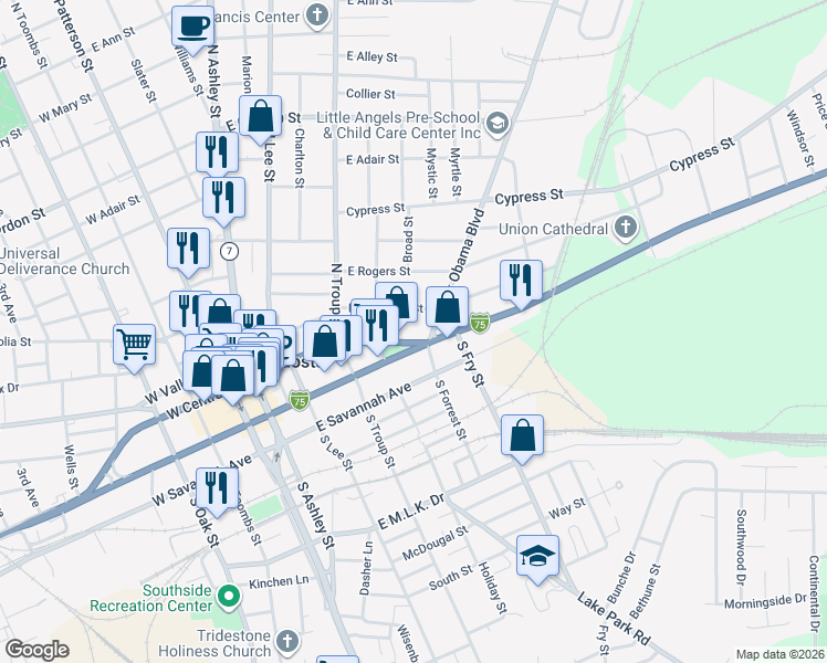 map of restaurants, bars, coffee shops, grocery stores, and more near 512 East Central Avenue in Valdosta