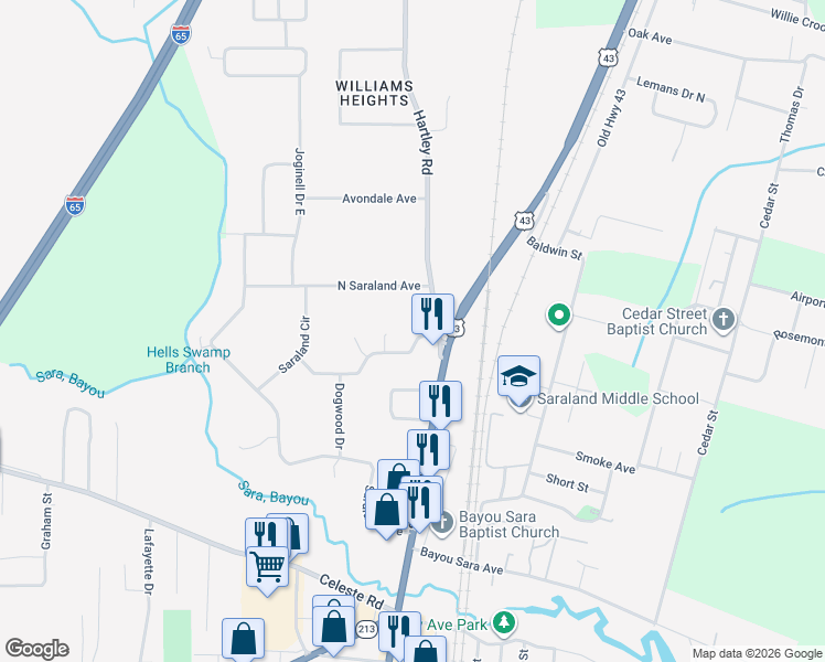 map of restaurants, bars, coffee shops, grocery stores, and more near 18 Cherry Drive in Saraland