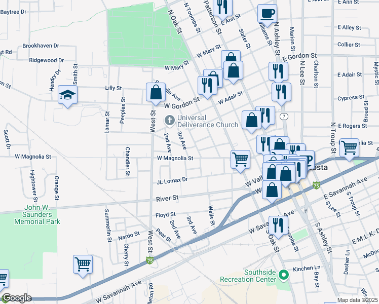 map of restaurants, bars, coffee shops, grocery stores, and more near 605 3rd Avenue in Valdosta