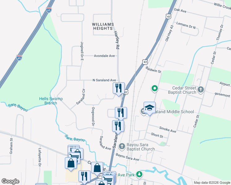 map of restaurants, bars, coffee shops, grocery stores, and more near 18 Cherry Dr in Saraland