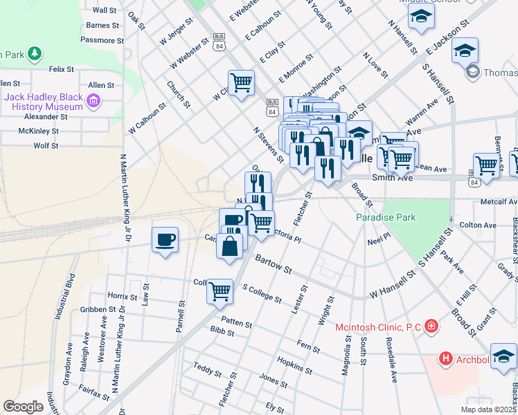 map of restaurants, bars, coffee shops, grocery stores, and more near 420 West Jackson Street in Thomasville