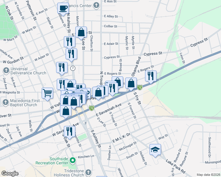 map of restaurants, bars, coffee shops, grocery stores, and more near 204 Jones Street in Valdosta