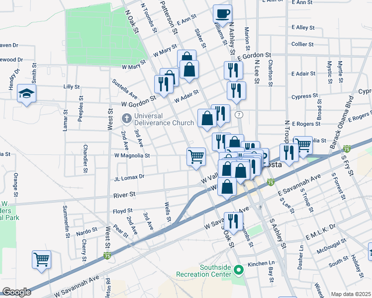 map of restaurants, bars, coffee shops, grocery stores, and more near 502 North Oak Street in Valdosta